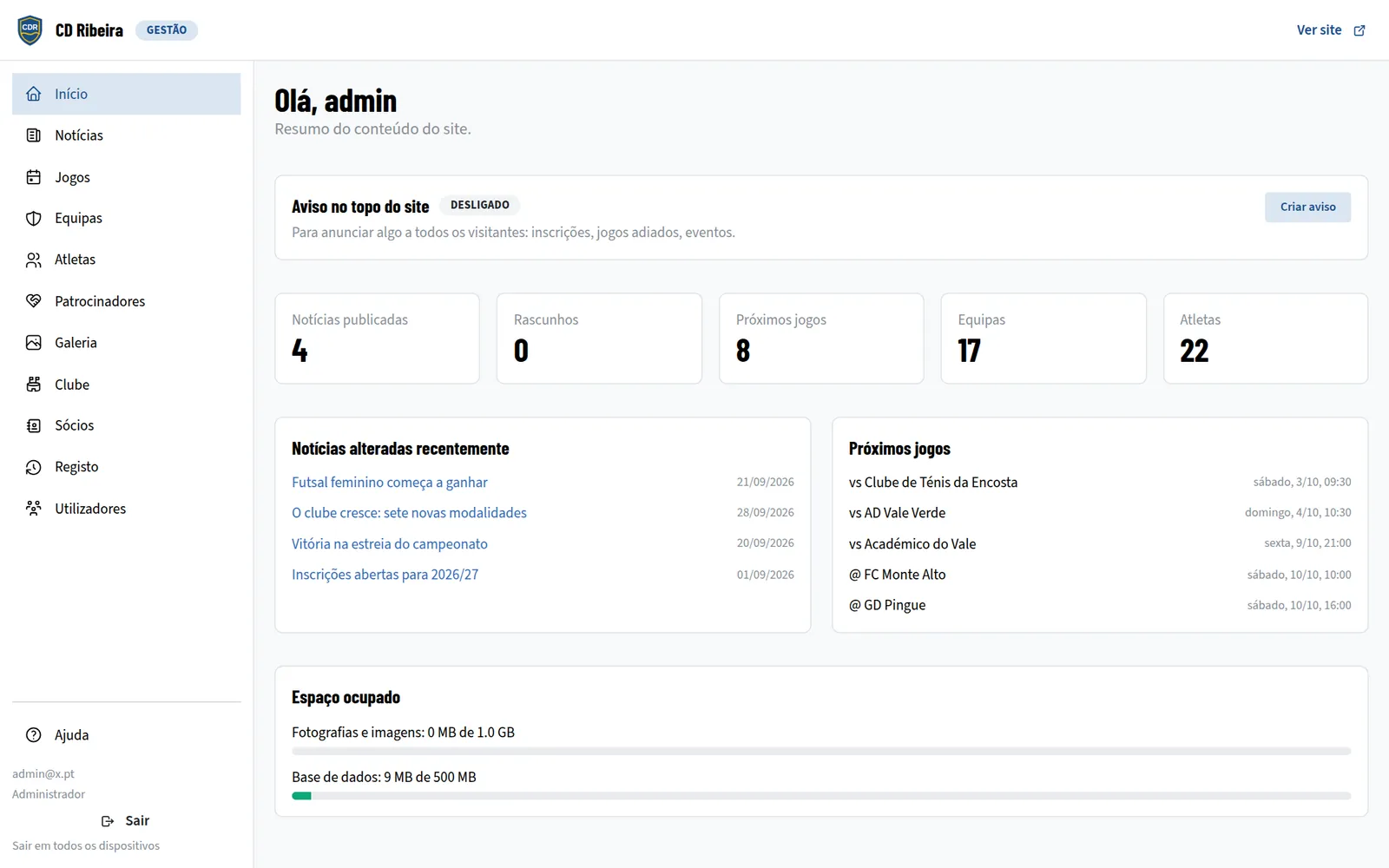 A área de gestão de um clube, com o aviso do site, os números do conteúdo e os próximos jogos.